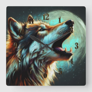 Horloge Carrée Dessin dur Pastel Wolf Howling Moon