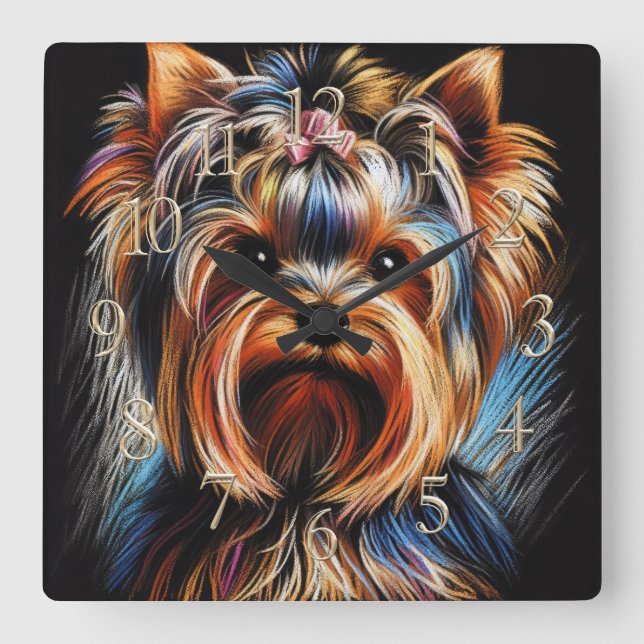 Horloge Carrée Dessin dur Pastel Yorkshire Terrier Yorkie rose (Recto)