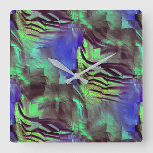 Horloge Carrée dessin en mosaïque Abstraite de vert et bleu rusti