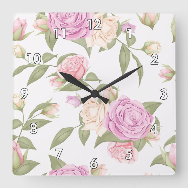 Horloge Carrée Dessin floral rose mou (Recto)