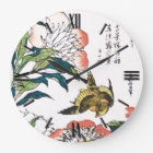 Dessin japonais vintage, pivoines et moineau