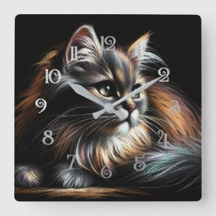 Horloge Carrée Dessin Pastel Dessin Long-Haired Chat