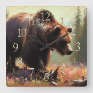 Horloge Carrée Dessin pastel du grizzli dans la nature