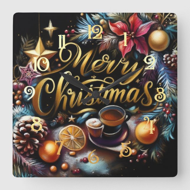 Horloge Carrée Dessin pastel d'un Whimsical de Noël (Recto)