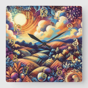 Horloge Carrée Dessin Pastel Paysage Abstrait