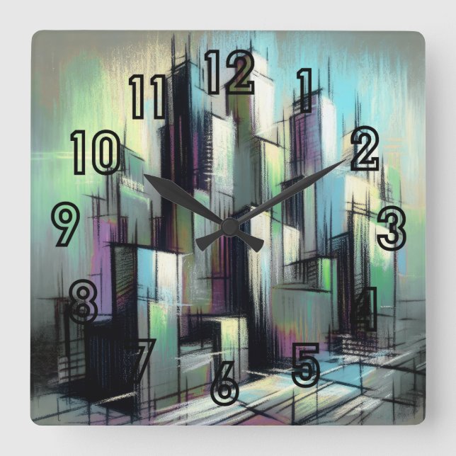 Horloge Carrée Dessin Pastel Ville futuriste Abstrait (Recto)
