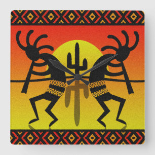 Horloge Carrée Dessin tribal du cactus de Southwest Kokopelli