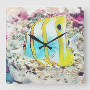 Horloge Carrée Dessin vintage de poisson jaune bleu en mer