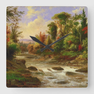 Horloge Carrée Destin de Robert Duncanson de rivière de forêt d'a