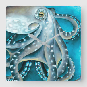 Horloge Carrée Détails de l'aquarelle bleue octopus