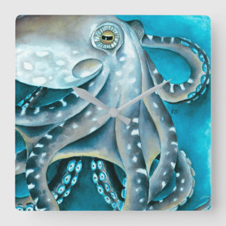 Horloge Carrée Détails de l'aquarelle bleue octopus