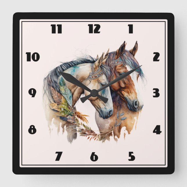 Horloge Carrée Deux beaux chevaux Boho occidental (Recto)
