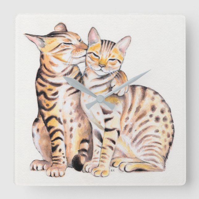 Horloge Carrée Deux chats Bengale mignons aquarelle art (Recto)