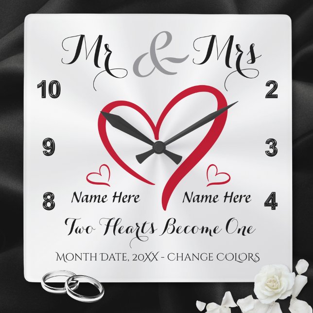Horloge Carrée Deux coeurs deviennent un cadeau Mr et Mme Wedding (Mr & Mrs clock. Mr and Mrs bridal shower gifts. Mrs and Mrs personalised wedding gifts. Clock.)