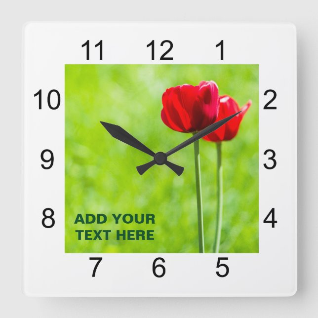 Horloge Carrée Deux fleurs de tulipe rouge (Recto)