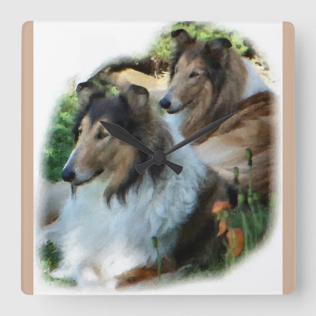 Horloge Carrée Deux Sable Rough Collies Cadeaux D'Art (Recto)