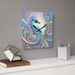Horloge Carrée Deux Seahores Pastel Fractal Art,