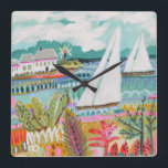 Horloge Carrée Deux voiliers<br><div class="desc">Deux voiliers et Cottage II de Karen Fields. Il comprend deux voiliers flottant dans l'eau entourés de fleurs colorées et de chalets.</div>