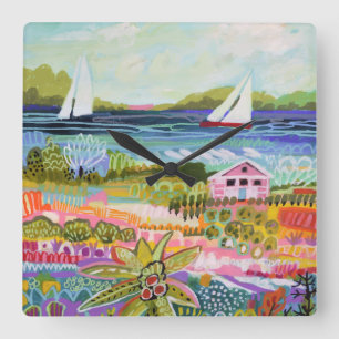 Horloge Carrée Deux voiliers et cottages