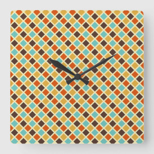 Horloge Carrée Diamant Damier Bleu Jaune Rouge Couleurs Rétro