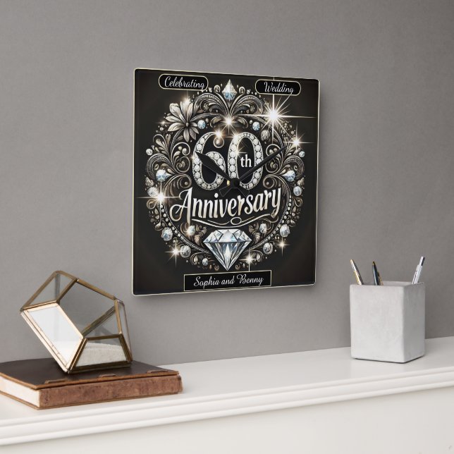 Horloge Carrée Diamant Splendeur : Conception du 60e anniversaire (Bureau)