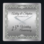 Horloge Carrée Diamants élégants 25e anniversaire de Mariage<br><div class="desc">Opulent elegance frames this 25th wedding anniversary design in a unique scalloped diamond design with center teardrop diamond with heart-shaped diamond accents and faux added sparkles on a silver-tone. Please note that all embellishments are printed and are only made to appear as real as possible in a flat, printed design....</div>