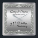 Horloge Carrée Diamants élégants 25e anniversaire de Mariage<br><div class="desc">Opulent elegance frames this 25th wedding anniversary design in a unique scalloped diamond design with center teardrop diamond with heart-shaped diamond accents and faux added sparkles on a silver-tone. Please note that all embellishments are printed and are only made to appear as real as possible in a flat, printed design....</div>