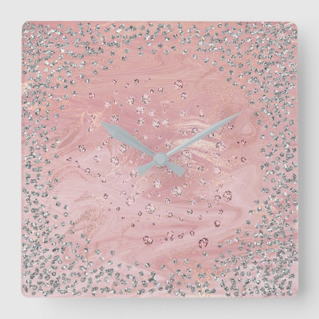 Horloge Carrée Diamants en gris argenté cristaux en marbre rose (Recto)