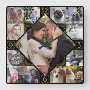 Horloge Carrée Diamond Shaped Family Photo Collage Mod Black Gold