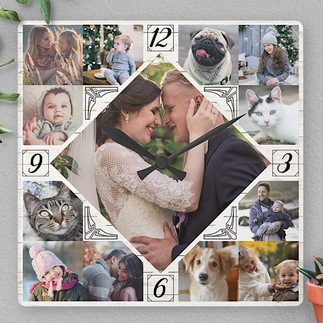 Horloge Carrée Diamond Shaped Family Photo Collage Rustic Lt Wood (Créateur téléchargé)