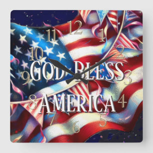 Horloge Carrée Dieu Béni Amérique Patriotique USA Drapeau Bunting