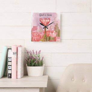 Horloge Carrée Dieu est Amour Écriture Tulipes Jean Verset de la