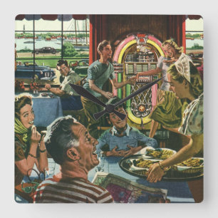 Horloge Carrée Dîner de famille vintage dans un diner avec un juk