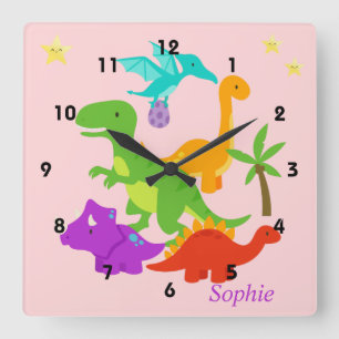 Horloge Carrée Dinosaure Amusant Rose Coloré