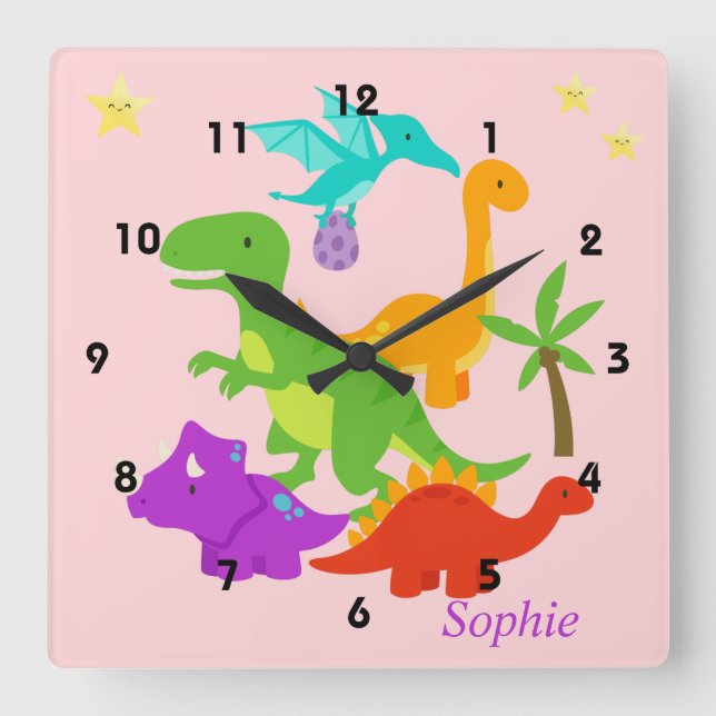 Horloge Carrée Dinosaure Amusant Rose Coloré (Recto)