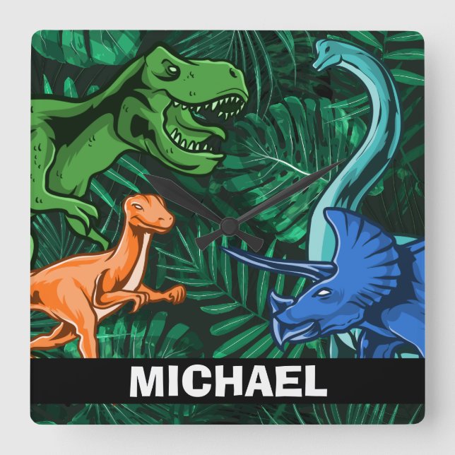 Horloge Carrée Dinosaure Personnalisé Enfants Dino Jurassic Trex  (Recto)