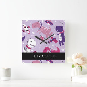 Horloge Carrée Dinosaures Spatiaux, Dinosaures Mignons, Étoiles, 