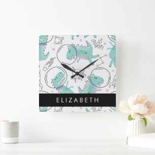 Horloge Carrée Dinosaures Spatiaux, Dinosaures Mignons, Étoiles,