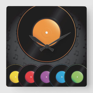 Horloge Carrée Disques de Tourne-disque dans des couleurs vives