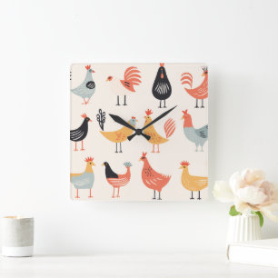 Horloge Carrée Divers poulets sur fond blanc