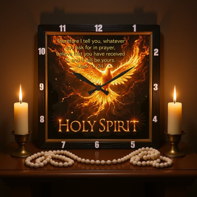 Horloge Carrée Divine Flame Holy Spirit Phoenix Mark 11:24 Verse (Créateur téléchargé)