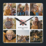 Horloge Carrée DIY Modern Family Photo Collage Rose Gold Heart<br><div class="desc">Make your own Family keepsake with this 8 photo modern printed rose gold heart wall clock with your custom family name and year. Le grand poison pour grandparents !</div>