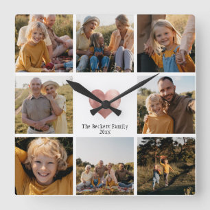 Horloge Carrée DIY Modern Family Photo Collage Rose Gold Heart