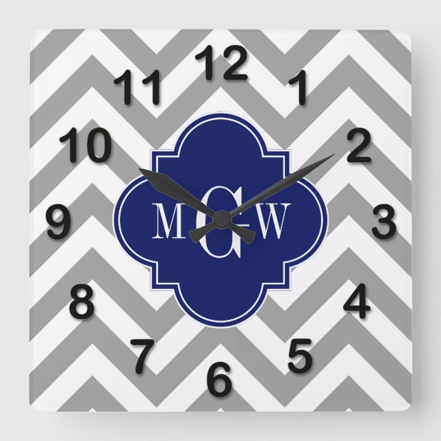 Horloge Carrée Dk Grey Lg Chevron Navy Quatrefoil 3 Monogramme (Recto)