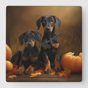 Horloge Carrée Doberman Chiot Automne Citrouille de plaisir