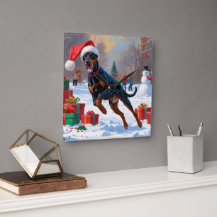 Horloge Carrée Doberman courant dans la neige avec un chapeau de 