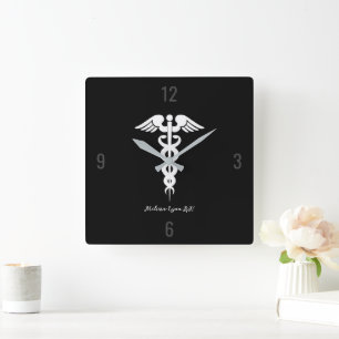 Horloge Carrée Docteur Médicale Caduceus Noir Professionnel Perso