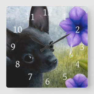 Horloge Carrée Dog 94 Black Chihuahua Purple Flower