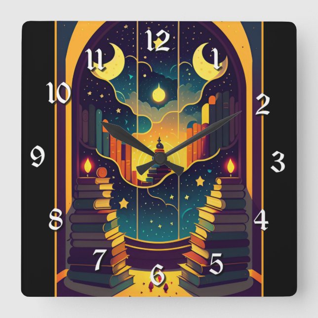 Horloge Carrée Domaine Magique Des Livres (Recto)