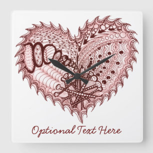 Horloge Carrée Doodle de feu de coeur rouge